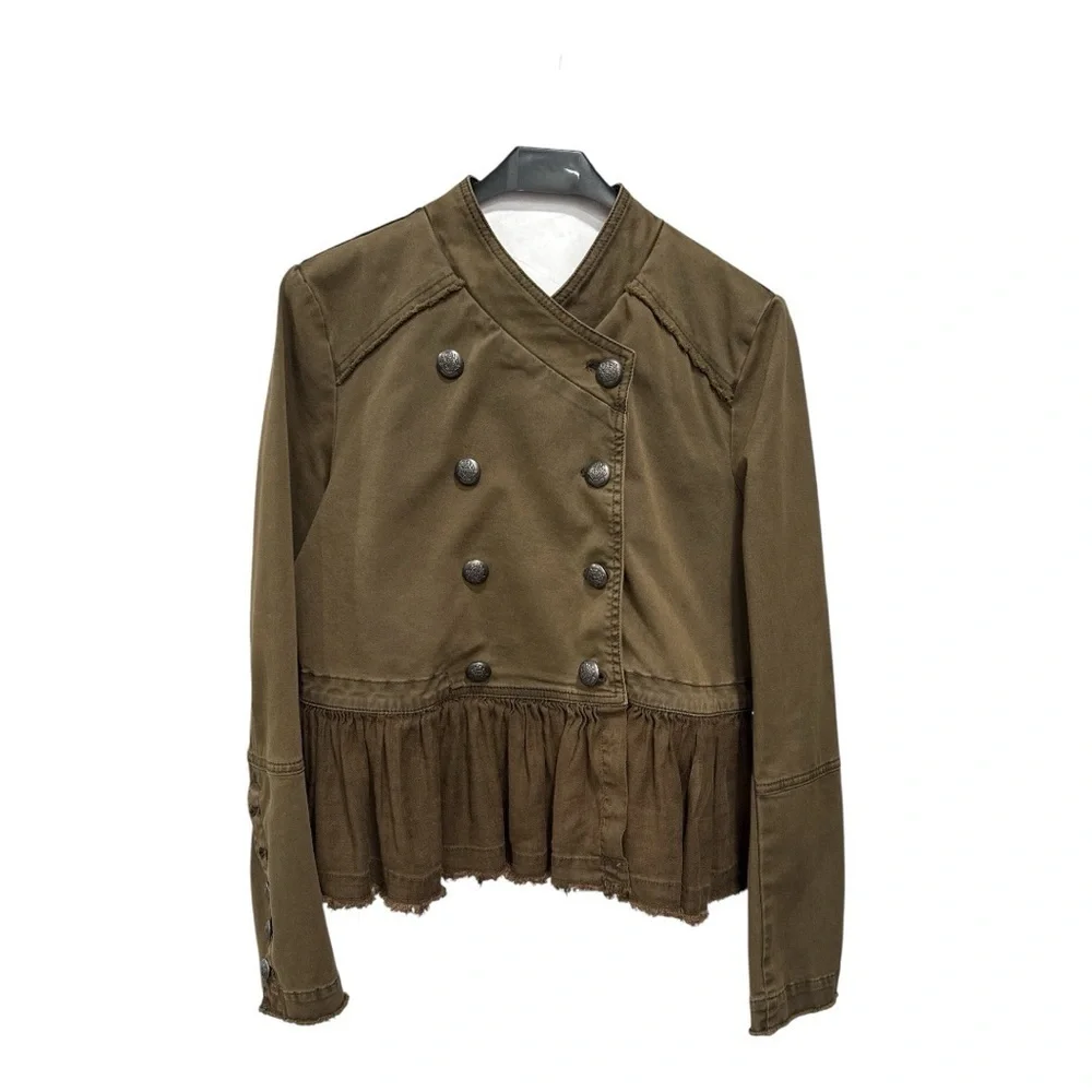 FREE PEOPLE Womens Olive Green Military Ruffle Hem Jacket Size S